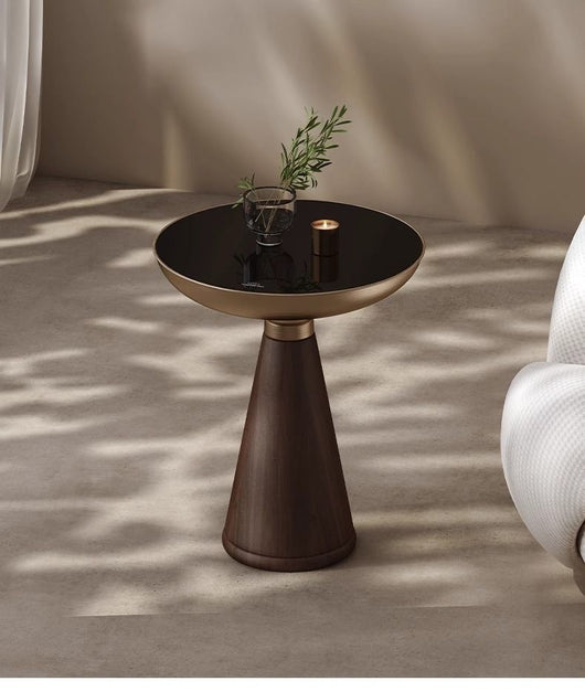 Mesa Auxiliar Redonda de Cristal Templado con Base de Madera Maciza - Diseño Moderno Lujo - Image 8