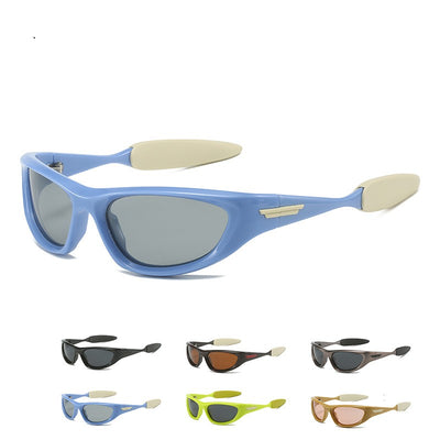 Black polarized sports sunglasses with a wrap-around frame and dark lenses, shown with five other color options. - Image 6