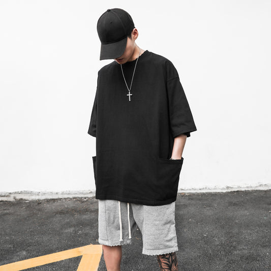 Camiseta Casual Americana de Manga Corta con Bolsillo y Orilla Deshilachada para Hombre