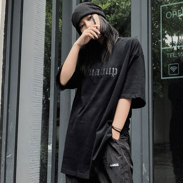 Camiseta Manga Corta de Cuero con Parches y Costuras Anchas para Hombre