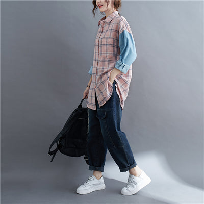 Camisa Oversized de Patchwork Manga Larga Suelta - Image 8