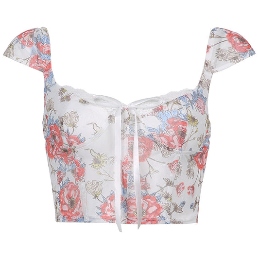Crop Top Y2K Floral con Encaje y Cierre Frontal