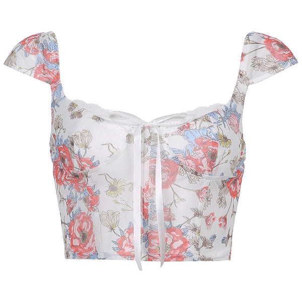 Crop Top Y2K Floral con Encaje y Cierre Frontal