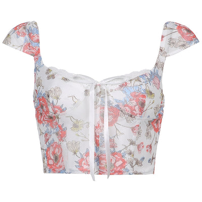 Crop Top Y2K Floral con Encaje y Cierre Frontal
