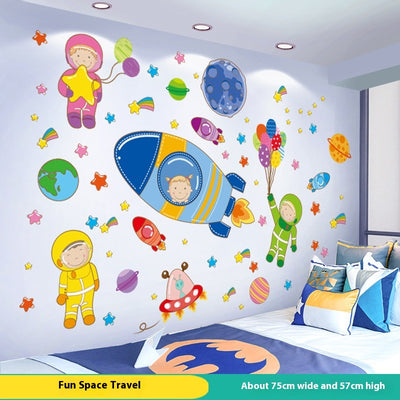 Cartoon astronaut and space station wall stickers with planets, stars, moon, and telescope on a white wall. - Image 11
