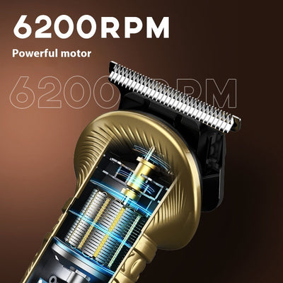 Gold retro carved electric hair clipper grooming kit with multiple trimmer heads, guide combs, cleaning brush, and USB cable. - Image 3