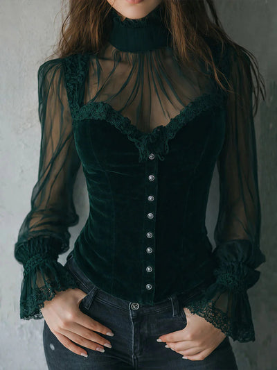 Blusa Negra de Encaje con Paneles de Malla y Detalles Florales Calados - Image 14