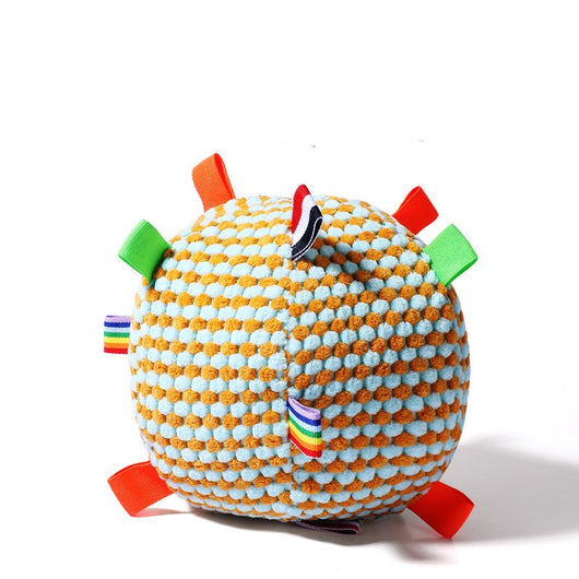 Pink and purple textured pet ball toy with colorful fabric tags, including solid green, orange, and rainbow stripes. - Image 4