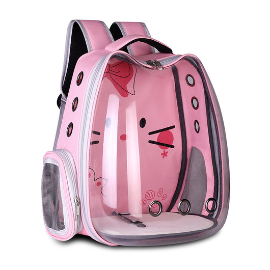 Light blue pet carrier backpack with a clear bubble window and a cartoon cat face design, featuring mesh sides. - Image 8