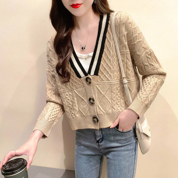 Suéter Cardigan Corto Escote V Tejido Holgado para Mujer