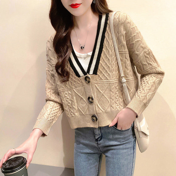 Suéter Cardigan Corto Escote V Tejido Holgado para Mujer