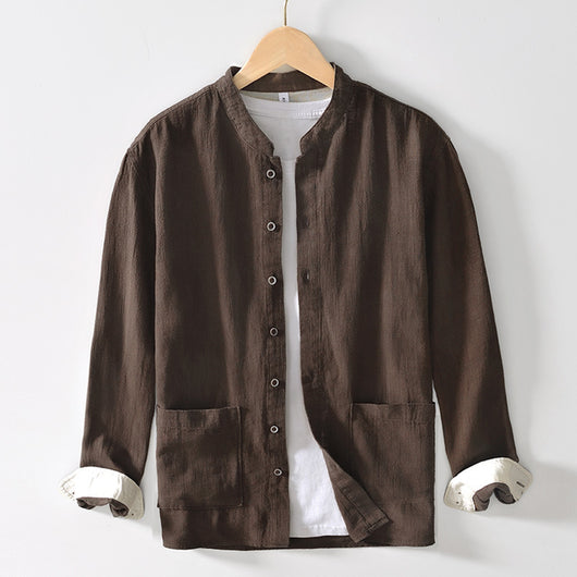 Camisa Lino Cuello Mao Manga Larga Transpirable Estilo Asiático para Hombre - Image 9