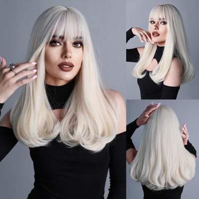 Peluca Rizada Larga con Flequillo Estilo Europeo Tono Platinado Corte Pera - Image 6