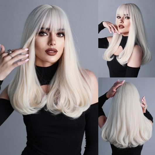 Peluca Rizada Larga con Flequillo Estilo Europeo Tono Platinado Corte Pera - Image 6