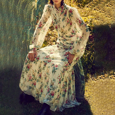 Vestido Estampado con Cuello Mao y Mangas Globo Plisadas
