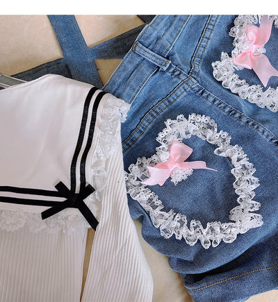 Shorts Denim Verano con Detalle de Lazo y Corazón de Encaje - Image 2