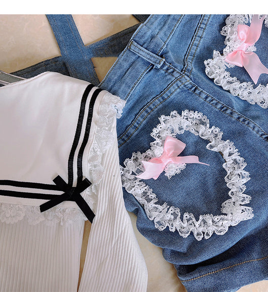 Shorts Denim Verano con Detalle de Lazo y Corazón de Encaje - Image 2