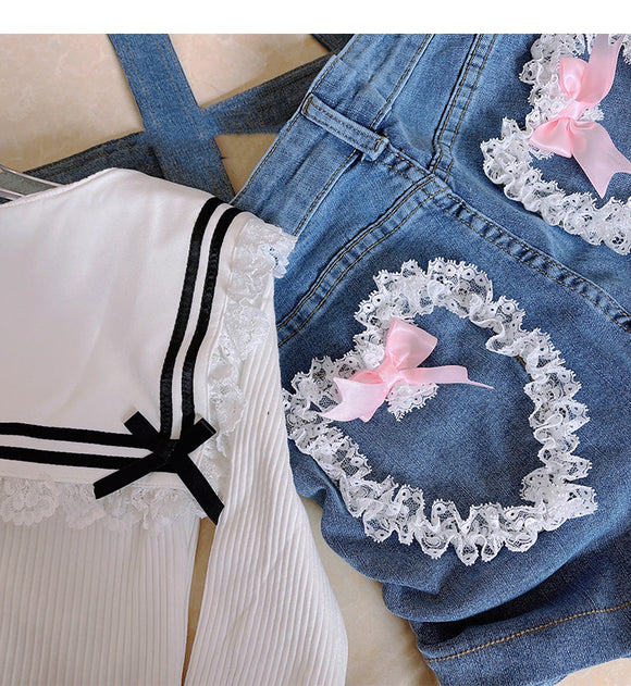 Summer Denim Shorts with Bow Detail and Lace Heart