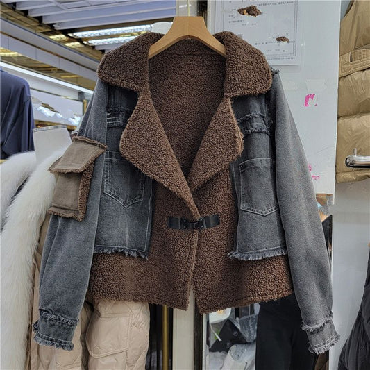 Abrigo Denim de Lana de Cordero con Diseño de Costura para Invierno