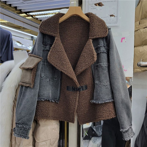Abrigo Denim de Lana de Cordero con Diseño de Costura para Invierno