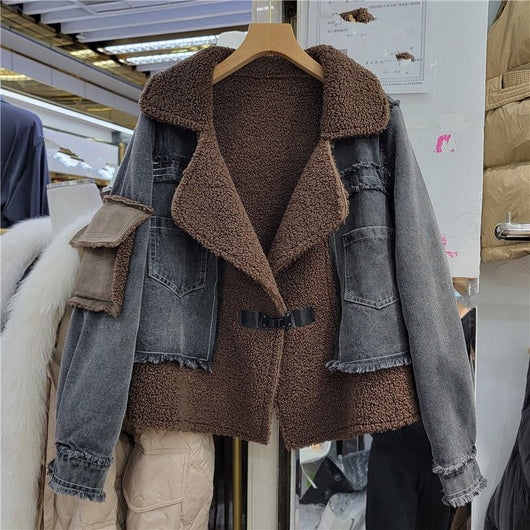 Abrigo Denim de Lana de Cordero con Diseño de Costura para Invierno