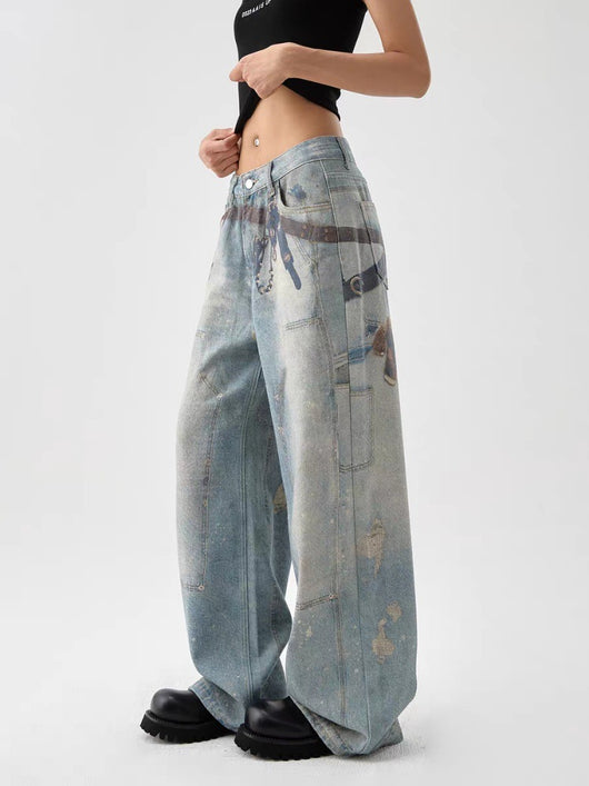 Pantalones Anchos Estilo Retro Americano con Estampado 3D Lavado - Image 8