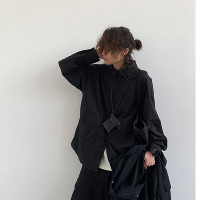 Camisa Negra Retro Asiática Suelta y Minimalista para Otoño - Image 3