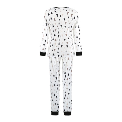 White long-sleeve pajama set with black and brown Christmas tree print, featuring black cuffs and collar. - Image 12
