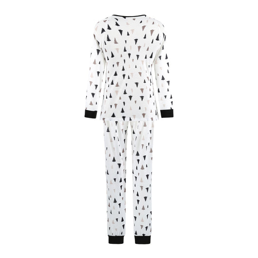 White long-sleeve pajama set with black and brown Christmas tree print, featuring black cuffs and collar. - Image 12