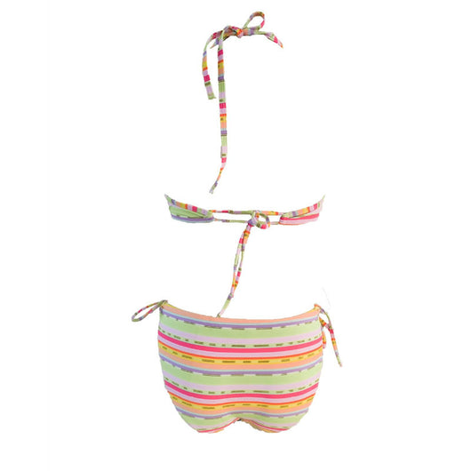 Colorful striped lace-up bikini swimsuit with a ruffled halter top and matching tie-side bottoms. - Image 5