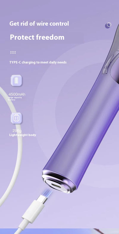 Gradient purple wireless automatic hair curler with a sleek design, one-button start, and three-speed adjustment. - Image 16