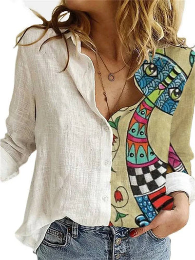 Camisa Suelta con Estampado de Gatos de Manga Larga - Image 4