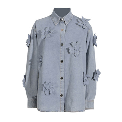 Blusa Denim con Flores 3D - Estilo Minimalista para Verano - Image 6