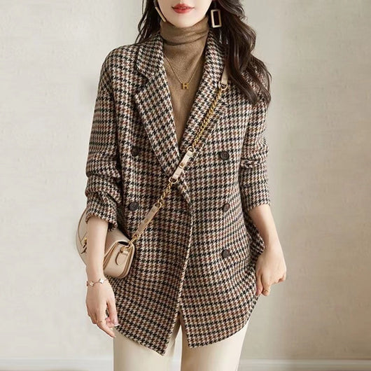 Abrigo de Lana Cuadros Houndstooth con Cuello Tipo Blazer para Mujer