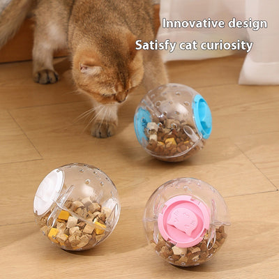 Clear plastic pet tumbler food leakage toy with blue accents and a cat face design, on a wooden floor. - Image 3