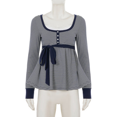 Blusa Rayada de Cintura Alta con Detalle de Encaje y Manga Larga Versátil - Image 9