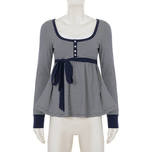 Blusa Rayada de Cintura Alta con Detalle de Encaje y Manga Larga Versátil - Image 9