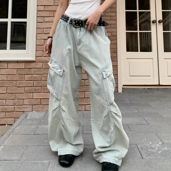 Pantalones Vaqueros Retro de Corte Recto Ancho con Bolsillos Grandes