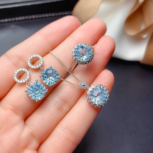 Conjunto de Topacio Azul Cielo Natural en Plata 925 - Anillo, Colgante y Aretes para Mujer - Image 2