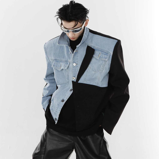 Chaqueta Blazer Denim Patchwork con Hombros Acolchados