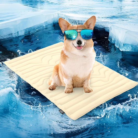 Golden retriever wearing sunglasses on a light gray quilted pet cooling mat, floating on icy blue water. - Image 3