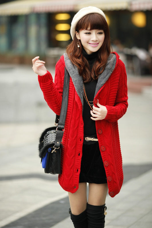Cardigan Tejido con Capucha y Botones Retorcidos - Largo Medio - Image 10