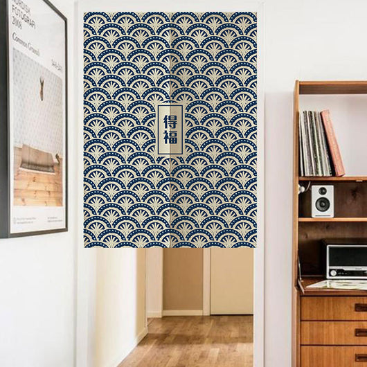 Japanese style partition curtain with blue and beige wave pattern and central panel with Chinese characters. - Image 9