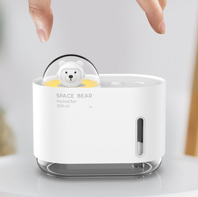 White square humidifier with a clear base, featuring a cute white bear figure in a clear dome, labeled "SPACE BEAR Humidifier 300 ml". - Image 16