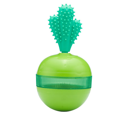 Light blue pet food dispensing ball toy with a translucent blue band and a green cactus-shaped top. - Image 3