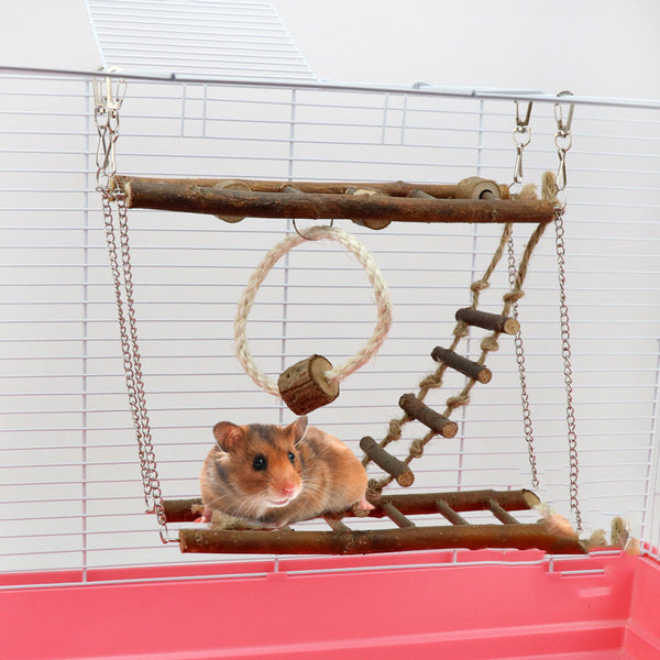Wooden suspension bridge and ladder climbing toy for small pets, made of natural branches and jute rope, hanging in a cage.