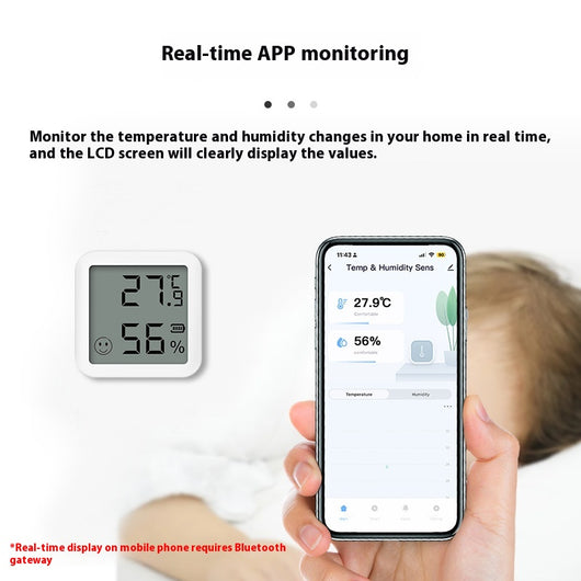 White mini Bluetooth temperature and humidity sensor with LCD display showing 27.9°C and 56% humidity. - Image 3