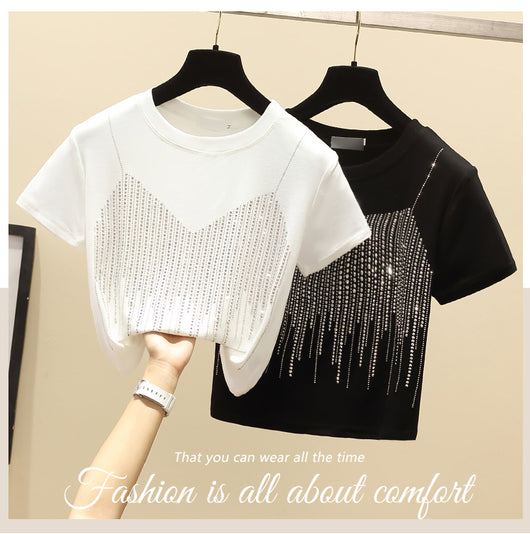 Blusa Elegante Diamante Temperamento Manga Corta Ajustada Mujer - Image 2