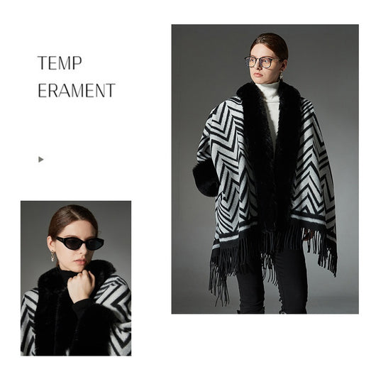 Chal Elegante con Cuello de Piel Jacquard Negro y Gris - Image 8