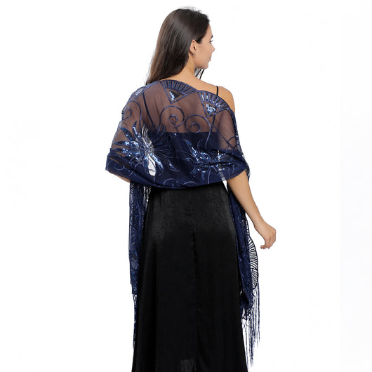 Chal Largo Bordado con Lentejuelas y Plumas - Image 3